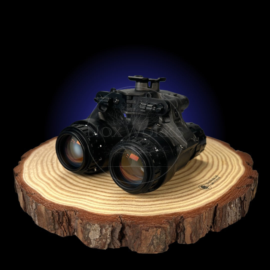 Night Vision Binoculars, the nocturn industries raptor, Built In The UK Displayed from the back on a wooden board